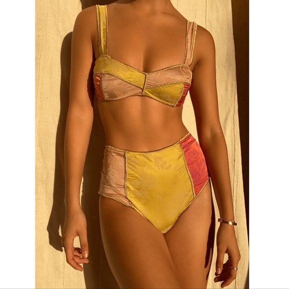 OSEREE BLOSSOM COLORED HIGH WAISTED SATIN JACQUARD BIKINI BOTTOMS - Picture 3 of 9